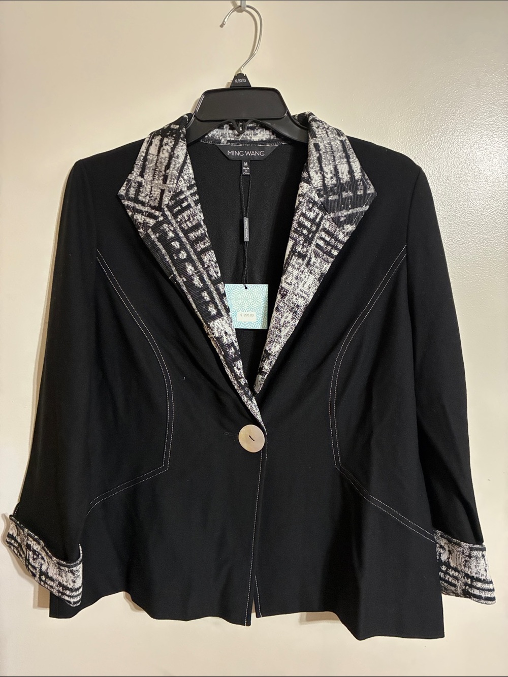 Ming Wang Black Blazer with Monochrome Patterned Collar and Cuffs